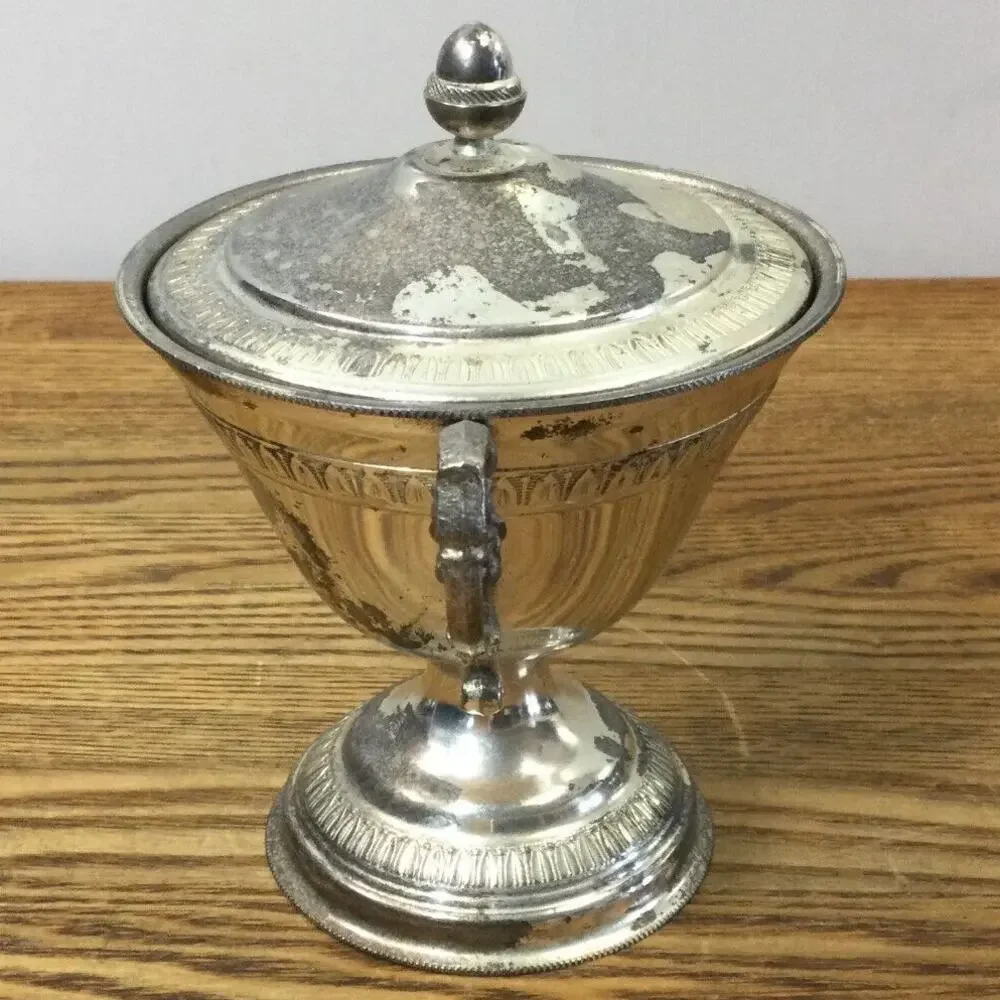 Vintage Bologna Silverplate Sugar Bowl w/ Lid Handles Italy Made Confetti Door